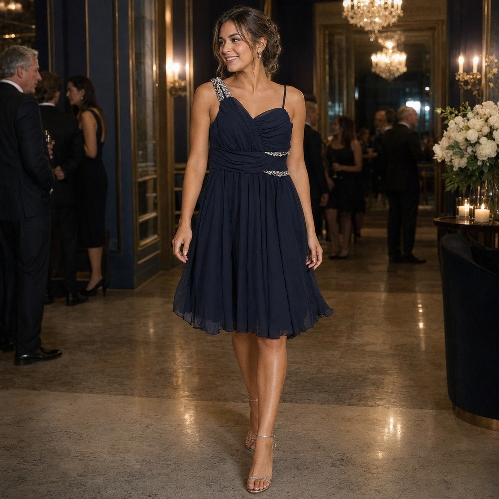 City Studio Dress Navy Blue Beaded One Shoulder Cocktail Party Dress Womens SZ 7